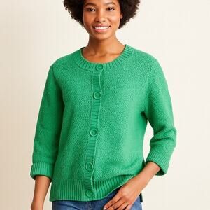LL Bean 3/4 Sleeve Textured Knit Cardigan Vibrant Green